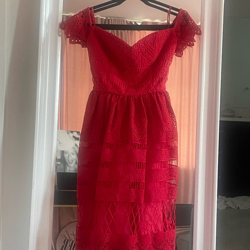 UK size 16 off the shoulder calf length A Line dress.